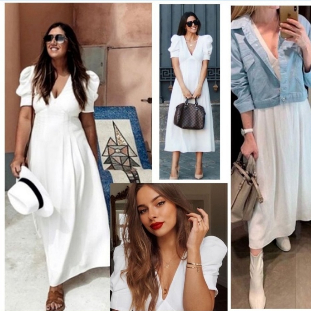 ZARA Midi Dress White Voluminous Textured Weave Puff Sleeve Blogger Bridal XL